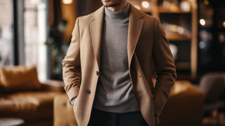 A well-dressed man stands confidently in a stylish interior with warm lighting, exuding sophistication and elegance, perfect for wedding preparations.の素材