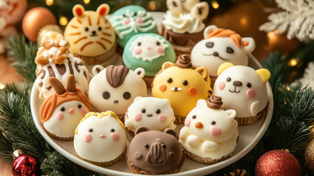 Adorable holiday-themed desserts with animal designs are arranged on a festive platter, surrounded by decorations, perfect for a whimsical celebration.の素材