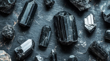 A collection of raw black tourmaline crystals scattered across a dark, glossy backdrop, perfect for mineral showcases.の素材