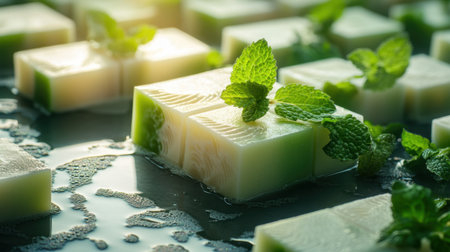 Beautifully arranged green and white soap bars with fresh mint leaves sit on a reflective surface, showcasing their artisanal charm and freshness.の素材