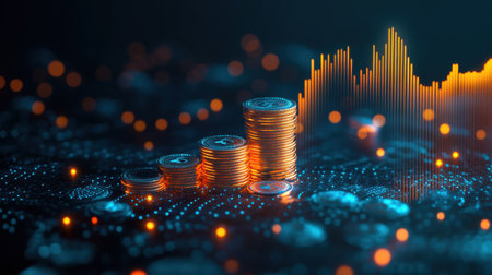 An ascending stack of coins, symbolizing financial growth and investment, set against a dark, sleek background to emphasize business success. -の素材