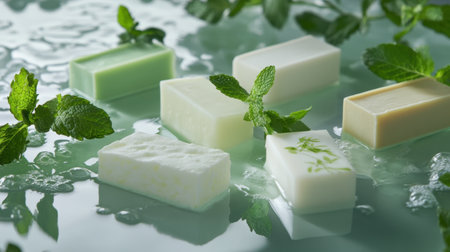 Assorted handmade soap bars in green and white hues, garnished with fresh mint leaves, rest on a reflective surface, creating a clean and natural aesthetic.の素材