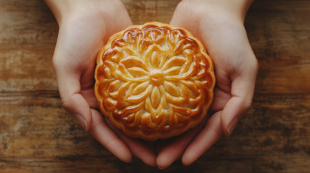 Hands hold a beautifully crafted golden-brown mooncake on a rustic wooden surface, emphasizing its intricate details during Chinese New Year festivities.の素材