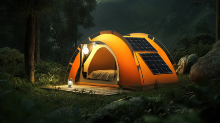 An orange camping tent lit by a solar-powered lamp, surrounded by nature and a solar panel, creating a sustainable, eco-conscious outdoor camping experience.の素材