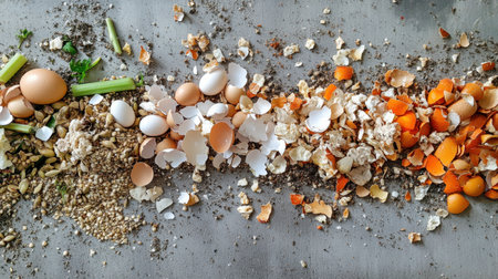 Various food scraps like eggshells, vegetable waste, and seeds piled on a gray surface, highlighting sustainable composting practices for a greener future.の素材