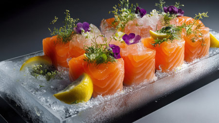 Fresh salmon on ice, artfully arranged and garnished with herbs and lemon, served on a sleek platter in a stylish, modern setting for an upscale meal.の素材
