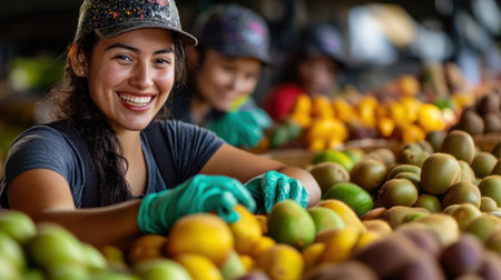 Smiling workers in hats and gloves prepare a vibrant display of fresh kiwis and other fruits at the market, highlighting colorful and fresh produce.の素材