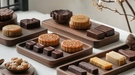 Beautifully arranged mooncakes and chocolate bars on wooden trays capture the essence of festive traditions and sweet indulgence for Chinese New Year.の素材