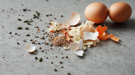 Food scraps such as eggshells, vegetable peels, and seeds on a gray surface, perfect for composting and promoting organic waste recycling for sustainability.の素材