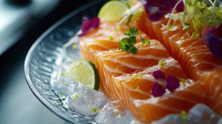 Fresh salmon garnished with herbs and lime, elegantly served on ice in a stylish dish, complemented by a colorful salad for a perfect healthy meal.の素材