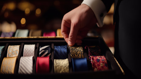 Close-up of a hand choosing from a collection of wedding ties, showcasing different colors and patterns, symbolizing the groom refined fashion taste.の素材
