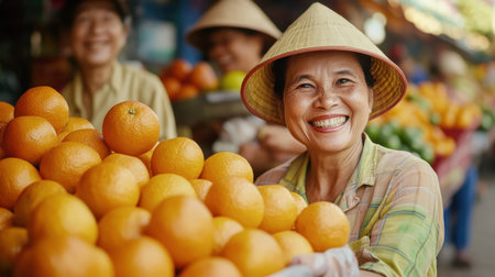 Smiling workers in hats and gloves arrange fresh oranges and other fruits in the market, displaying colorful, vibrant produce in a lively and inviting setting.の素材