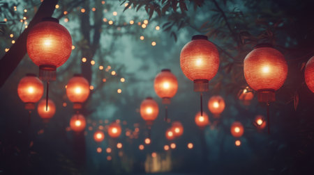 Red lanterns light up a tranquil night, casting a soft, warm glow against a dark background, creating a serene and festive Chinese New Year atmosphere.の素材