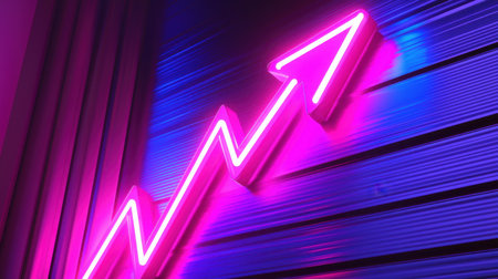 A dynamic glowing neon arrow pointing upwards, symbolizing progress and innovation in a dark tech setting.の素材