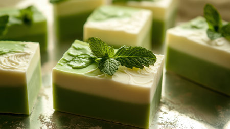 Handmade soap bars in green and white colors, accented with mint leaves, are displayed on a glossy surface, highlighting their natural elegance.の素材
