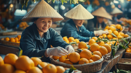 Workers in hats and gloves joyfully arrange fresh oranges alongside other fruits at a market, showcasing an array of colorful and fresh produce.の素材