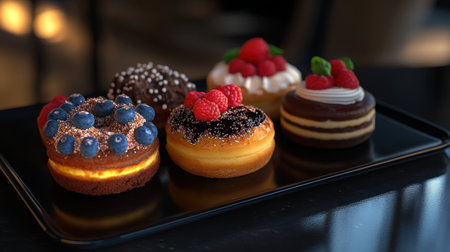 Vividly decorated pastries with intricate toppings are placed on a sleek black plate, creating a striking visual contrast against the dark setting.の素材