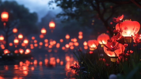 Red lanterns light up a tranquil night, casting a soft, warm glow against a dark background, creating a serene and festive Chinese New Year atmosphere.の素材