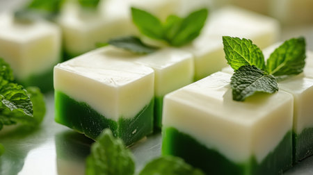 Handmade soap bars in green and white colors, accented with mint leaves, are displayed on a glossy surface, highlighting their natural elegance.の素材