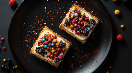 Two pastries with intricate, vibrant toppings are displayed on a black plate, creating a luxurious presentation perfect for festive celebrations.の素材