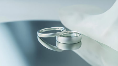 Two elegant silver wedding bands resting on a reflective surface, symbolizing commitment and unity in a minimalistic, serene setting.の素材