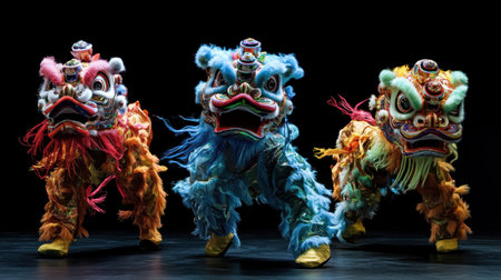 Three performers in colorful lion costumes dance energetically, celebrating Chinese New Year with cultural heritage, skill, and traditional artistry.の素材