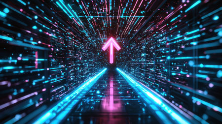 A dynamic glowing neon arrow pointing upwards, symbolizing progress and innovation in a dark tech setting.の素材