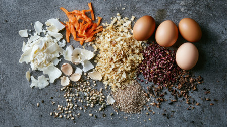 Various food scraps like eggshells, vegetable waste, and seeds piled on a gray surface, highlighting sustainable composting practices for a greener future.の素材