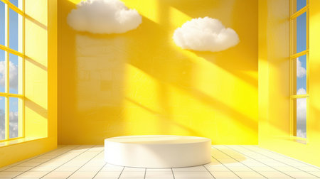 Abstract yellow podium with a tile wall backdrop, white round table, and floating soft clouds.の素材