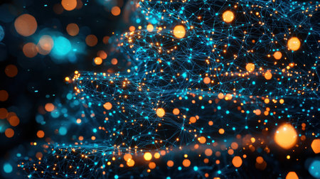 Abstract network Christmas tree formed by luminous connections and futuristic blue technology.の素材