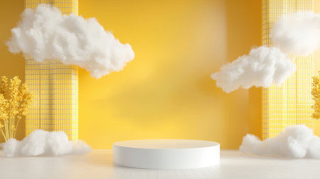 Abstract yellow podium with a tile wall backdrop, white round table, and floating soft clouds.の素材