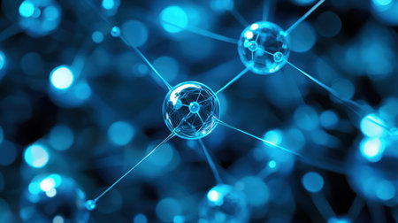 Abstract scientific visualization of a molecular network with glowing blue transparent molecules.の素材