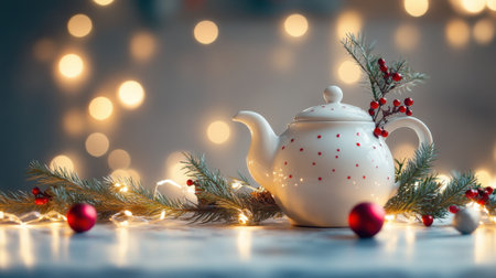 A delicate white teapot, accented with pine greenery and red decorations, sits before a backdrop of glowing holiday lights, embodying festive warmth.の素材