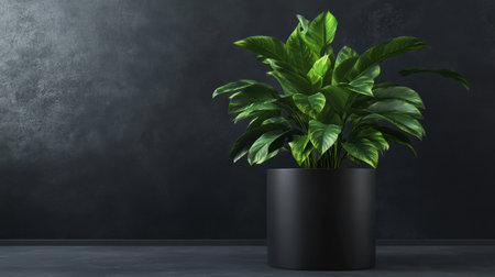 A sleek black planter containing vibrant green foliage stands out against a dark background, creating a contemporary, chic indoor atmosphere.の素材