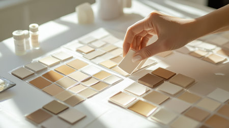 A hand selecting color swatches from a table, focusing on skin tones and neutral shades for a personalized design project in a bright, elegant setting.の素材