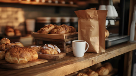 A cozy arrangement of pastries and bread on a wooden shelf with a coffee cup and takeaway bag, creating an inviting, homely atmosphere for a relaxed moment.の素材