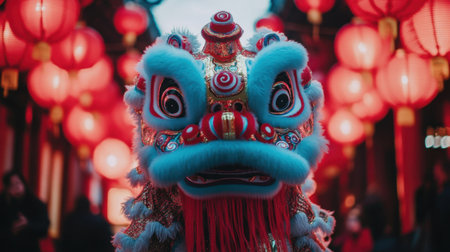 A colorful lion dance costume with intricate details stands against a background of red lanterns, embodying the festive spirit of Chinese New Year celebrations.の素材