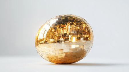 A golden foil-wrapped egg gleams brightly, isolated on a white backdrop, symbolizing luxury and celebrationの素材