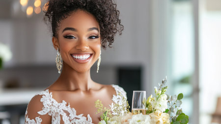 A bride in a lace gown, holding a bouquet and champagne flute, smiles with joy in a romantic setting, ready to celebrate her wedding day.の素材