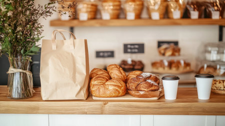 A cozy display of baked goods, including pastries and bread, with a takeaway bag and a coffee cup on a wooden shelf, creating a warm and inviting atmosphere.の素材