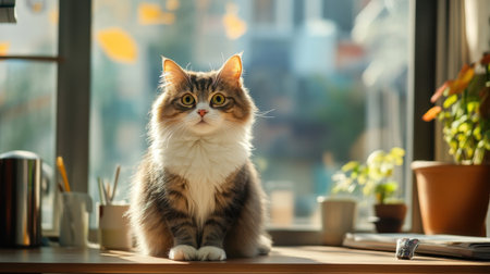 A cute cat sits attentively at a desk in a modern office, looking curious and engaged, adding personality and charm to the workspace.の素材