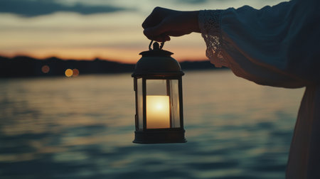 A hand gently holds a vintage lantern by the water at sunset, its warm light standing out against the soft, serene hues of the evening sky and calm waters.の素材