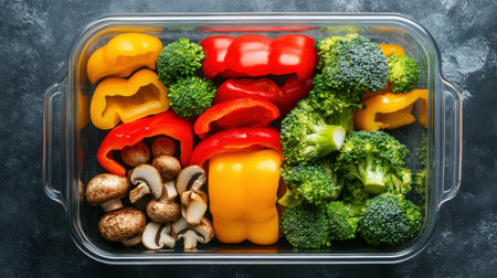 A clear container filled with fresh, vibrant vegetables including bell peppers, broccoli, and mushrooms, perfect for healthy meal planning and preparation.の素材