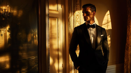A man in formal attire stands tall in a chic interior, with warm lighting creating an elegant, refined atmosphere as he prepares for his wedding day.の素材