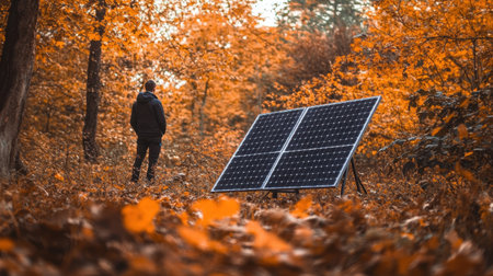 A person standing outdoors with a portable solar panel surrounded by autumn foliage, showcasing the future of renewable energy in a natural setting.の素材
