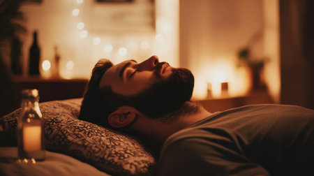 A man with a beard rests on a decorative pillow beside bottles in a softly lit room, creating a calm and serene atmosphere perfect for sleep hygiene.の素材