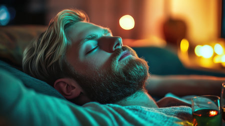 A man with blonde hair and a beard lounges on a couch, surrounded by drinks and soft lighting, offering a relaxing atmosphere for restful sleep hygiene.の素材