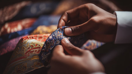 A hand delicately picking a tie from a selection of wedding colors and patterns, symbolizing elegance and sophistication for the groom attire on his big day.の素材