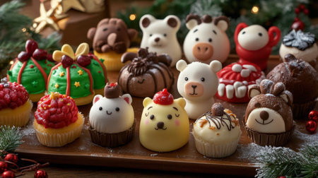 A selection of holiday-themed animal-shaped desserts is displayed on a platter with festive accents, creating a delightful and celebratory atmosphereの素材