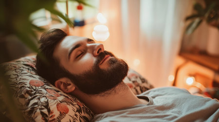 A man with a beard relaxes in a softly lit room on a decorative pillow, creating a peaceful environment ideal for promoting sleep hygiene.の素材